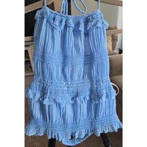 Boho Blue Smocked Two-Piece Set | Halter Crop Top & Maxi Skirt | Size Large